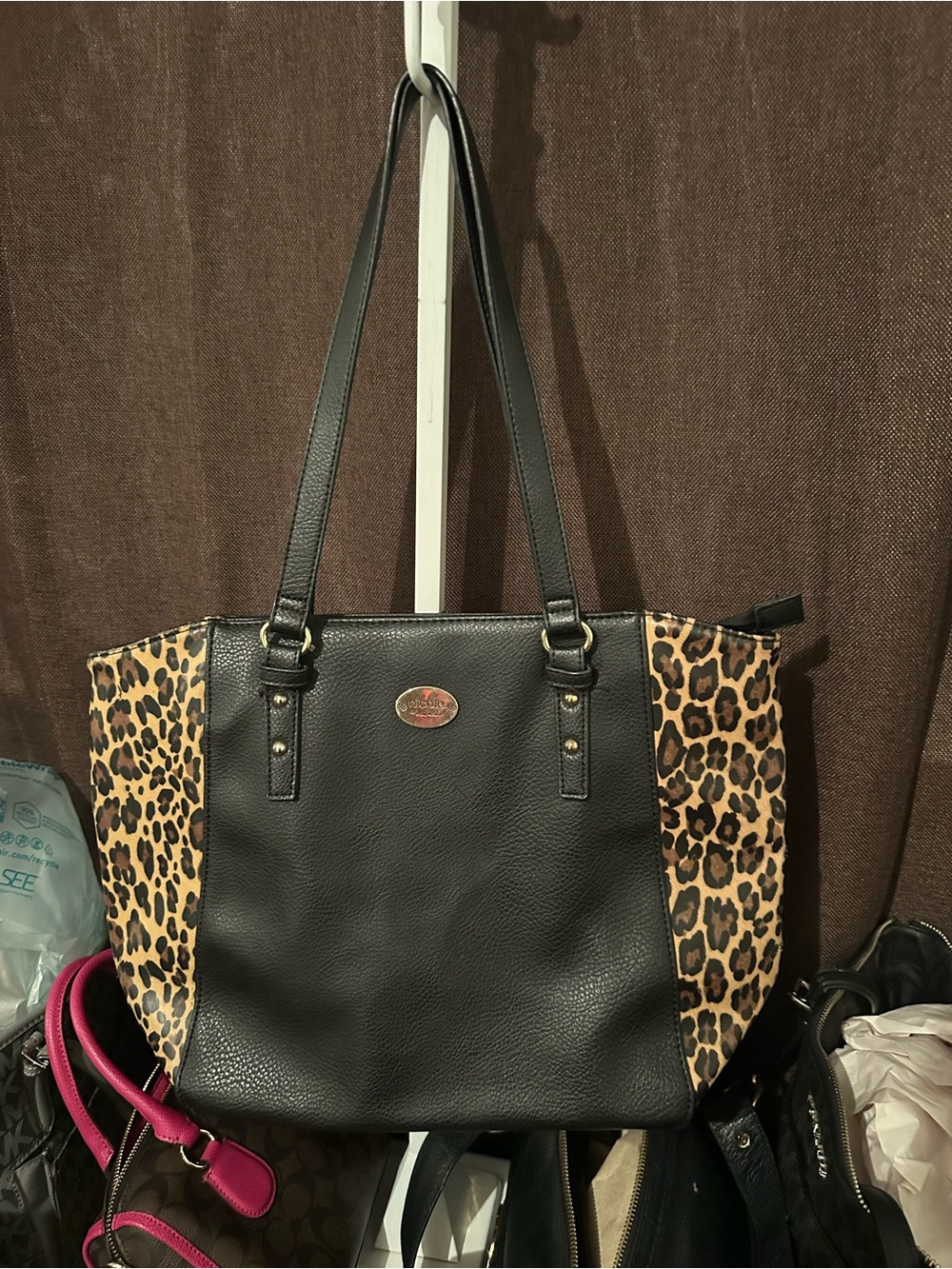 Nicole by Nicole Miller Black Tote with Leopard Side Panels